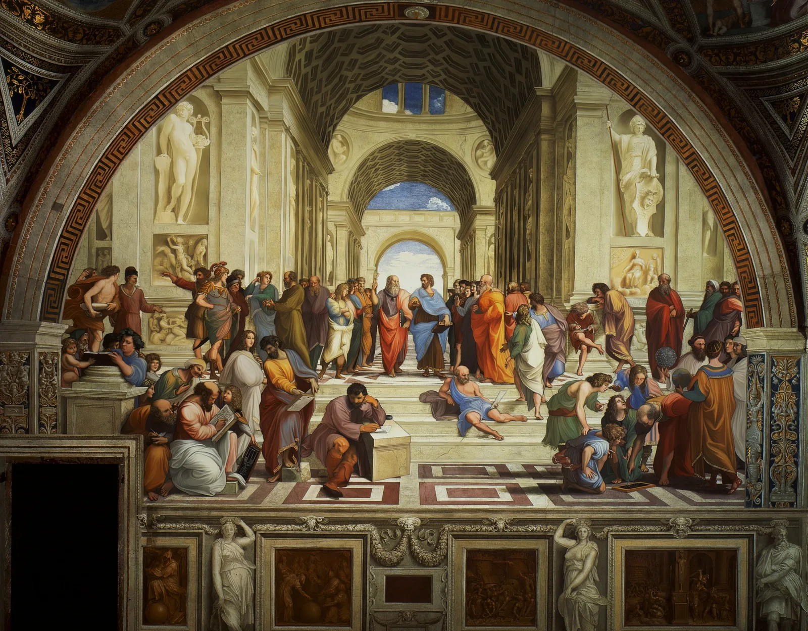 Raphael's fresco The School of Athens, showing philosophers gathered beneath great arches